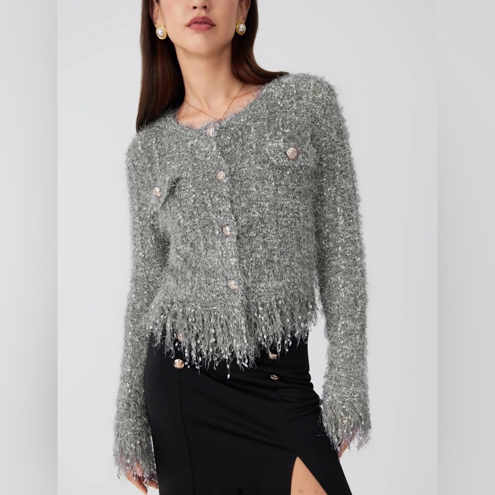 Cider FUZZY ROUND NECK BUTTON METALLIC KNITTED LONG SLEEVE CHIC CARDIGAN L CR1-5 - Picture 6 of 11